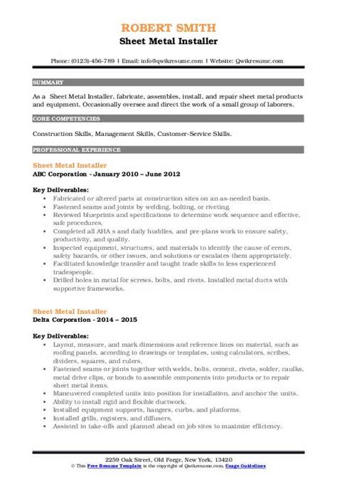 sheet metal installer resume